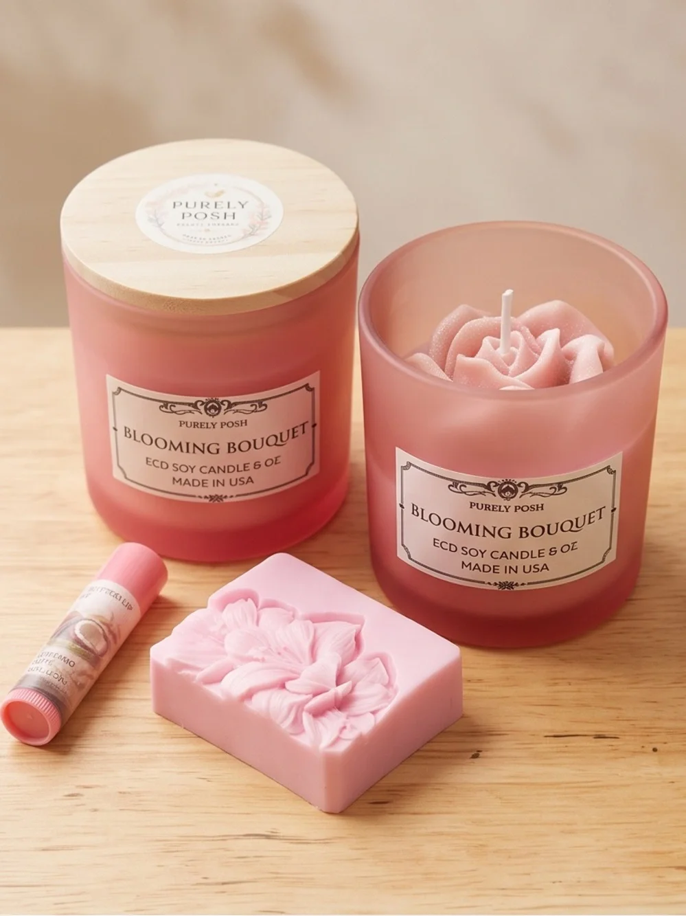 Blooming Bouquet Pink Floral Soy Candle • Soap • Lip balm In window Gift box set